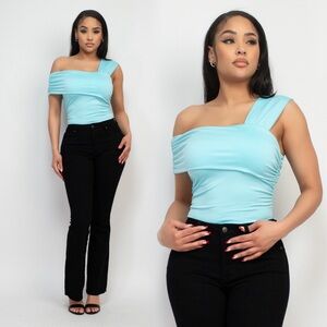 One shoulder ruched bodysuit in aqua